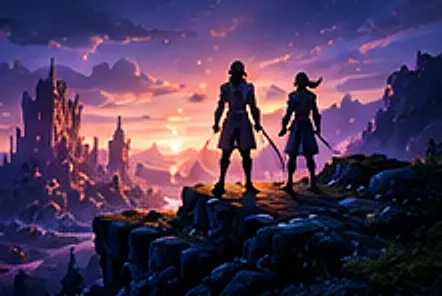 Two adventurers silhouetted against a sunset over a fantasy city